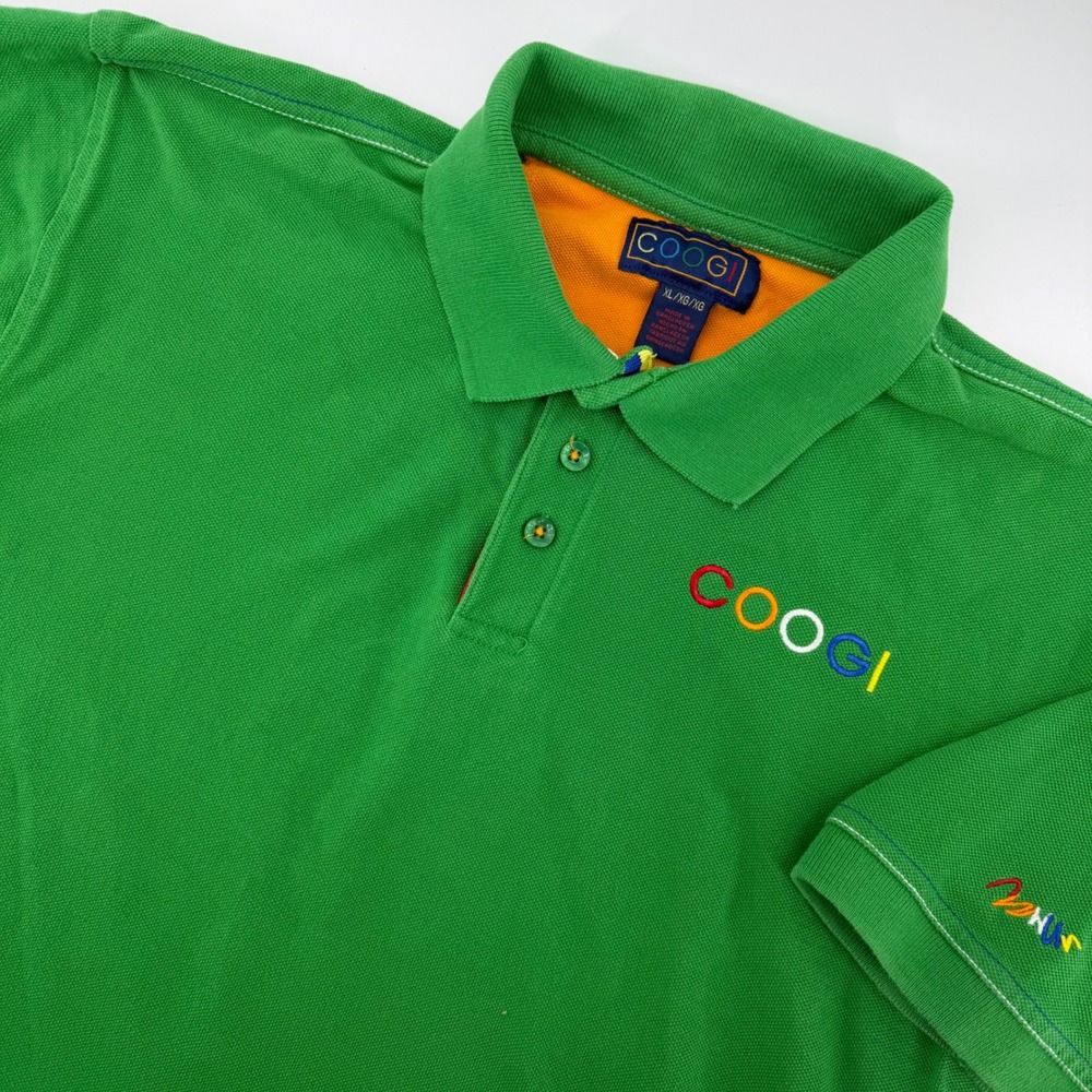 Coogi Polo Shirt Mens XL Green Multi Color Embroidered Logo Short Sleeve Cotton